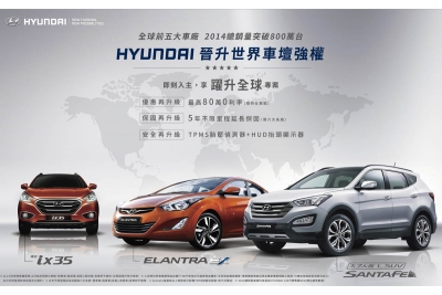 Hyundai賀2014年全球銷售突破800萬輛,本月購車送[胎壓偵測器+抬頭顯示器