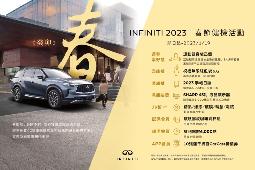 INFINITI 2023 春節健檢活動開跑  42項免費車輛健檢服務  再享歲末遊春酬賓方案